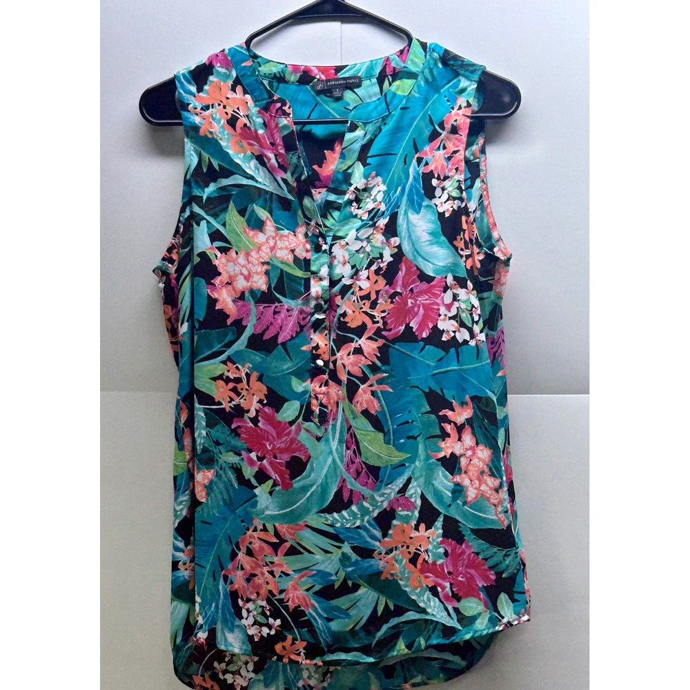 Adrianna Papell Women Small Tropical Floral Sleeveless Blouse Teal Pink Top